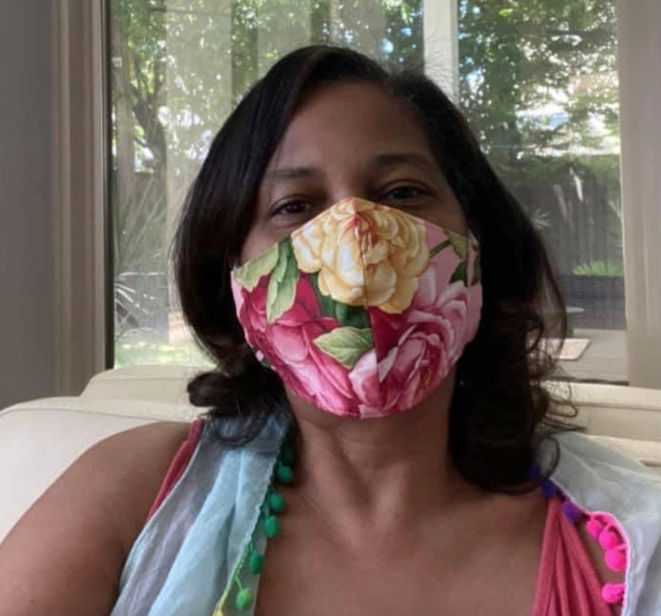 Clare Fontenot-Gray models her Debra Linse fashionable mask. (Courtesy photo)