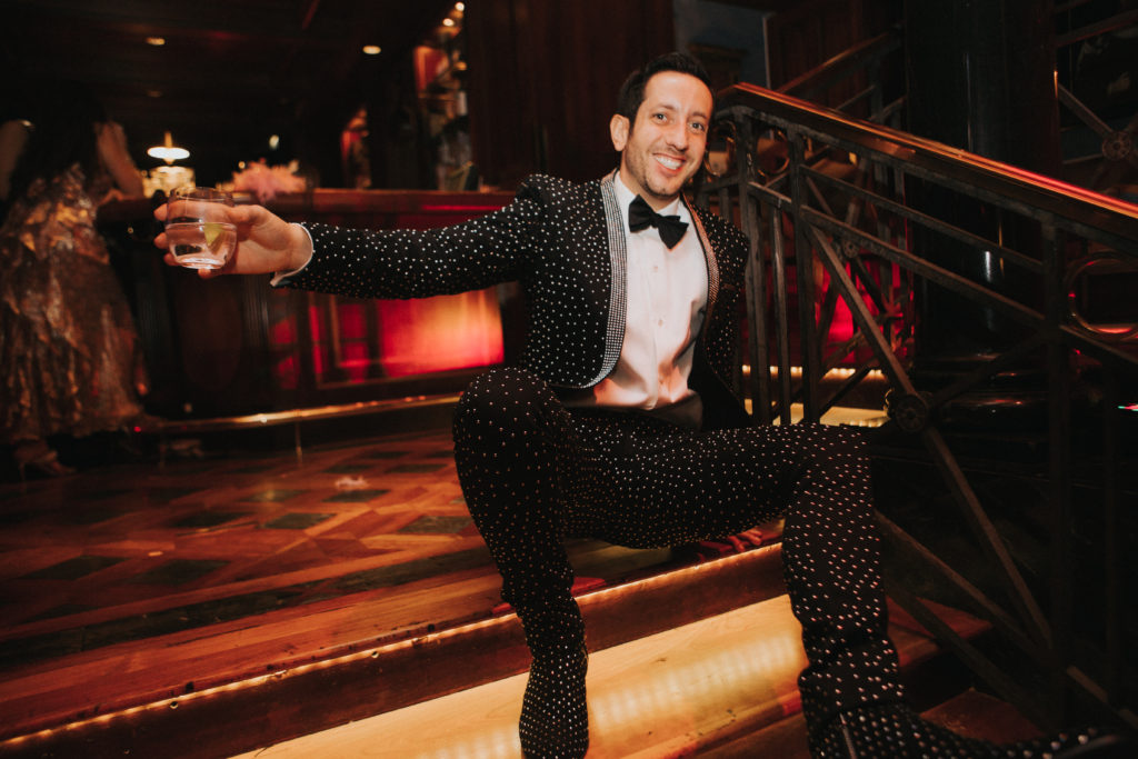Oliver Davey in a diamante studded Balmain tux.  (Photo by Bowie Alexander)