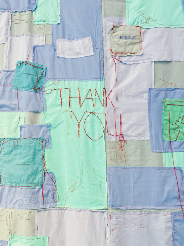 Fashion and costume designer Marcus Pontello collected scrubs from medical centers around Houston to create "Scrubs."