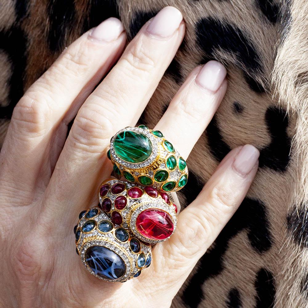 Prep your picnic perfect look in La Belle rings from A' Bientot. The melody of cabochons, pave diamonds and gold is available in emeralds, rubies or sapphires.