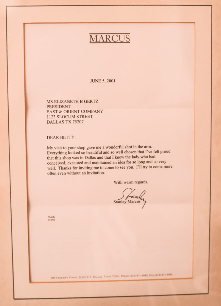 Gertz was longtime friends with Stanley Marcus, and kept a framed letter from him on her office wall.