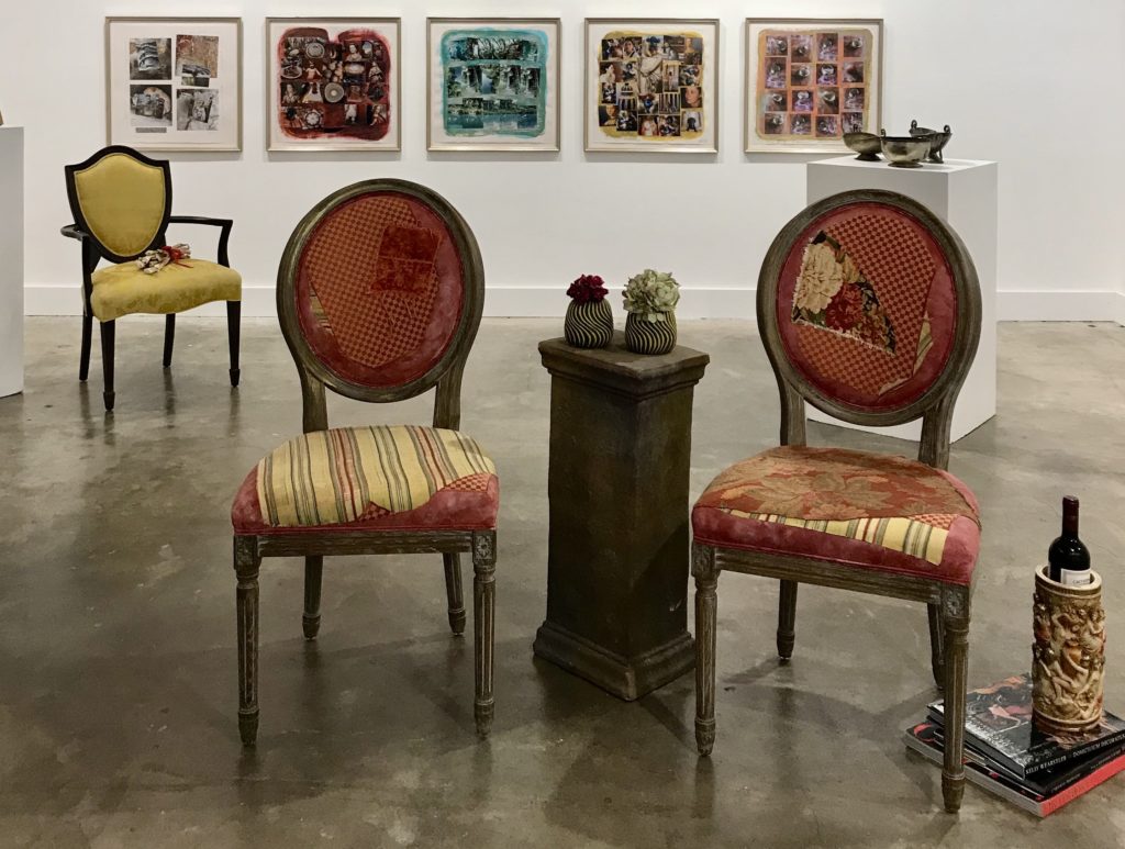"Patchwork a Cause d'Ike" is spun around a pair of painted chairs appliqued with fabric scraps salvaged from Hurricane Ike flood waters. (Photo by Mary Margaret Hansen)