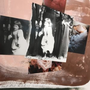 “Tethered Dreams” detail from Mary Margaret Hansen’s multimedia photo collage with handwritten text, “When we were baby women, how little we knew what lay ahead.” (Photo by Mary Margaret Hansen)