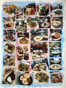 Mary Margaret Hansen’s photo collage with handwritten text, “The Joy of Eating Out.” “In this time of Coronavirus, we long for the foods we savored in Houston and abroad,” the artist says. (Photo by Mary Margaret Hansen)
