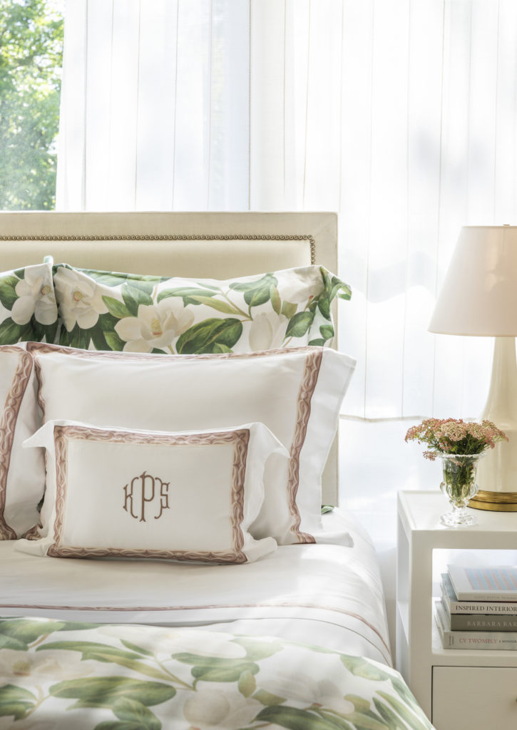 The Magnolia Collection from Tribute Goods includes solid sheets and pillow cases with a blush-toned border. (Photo by Tribute Goods)