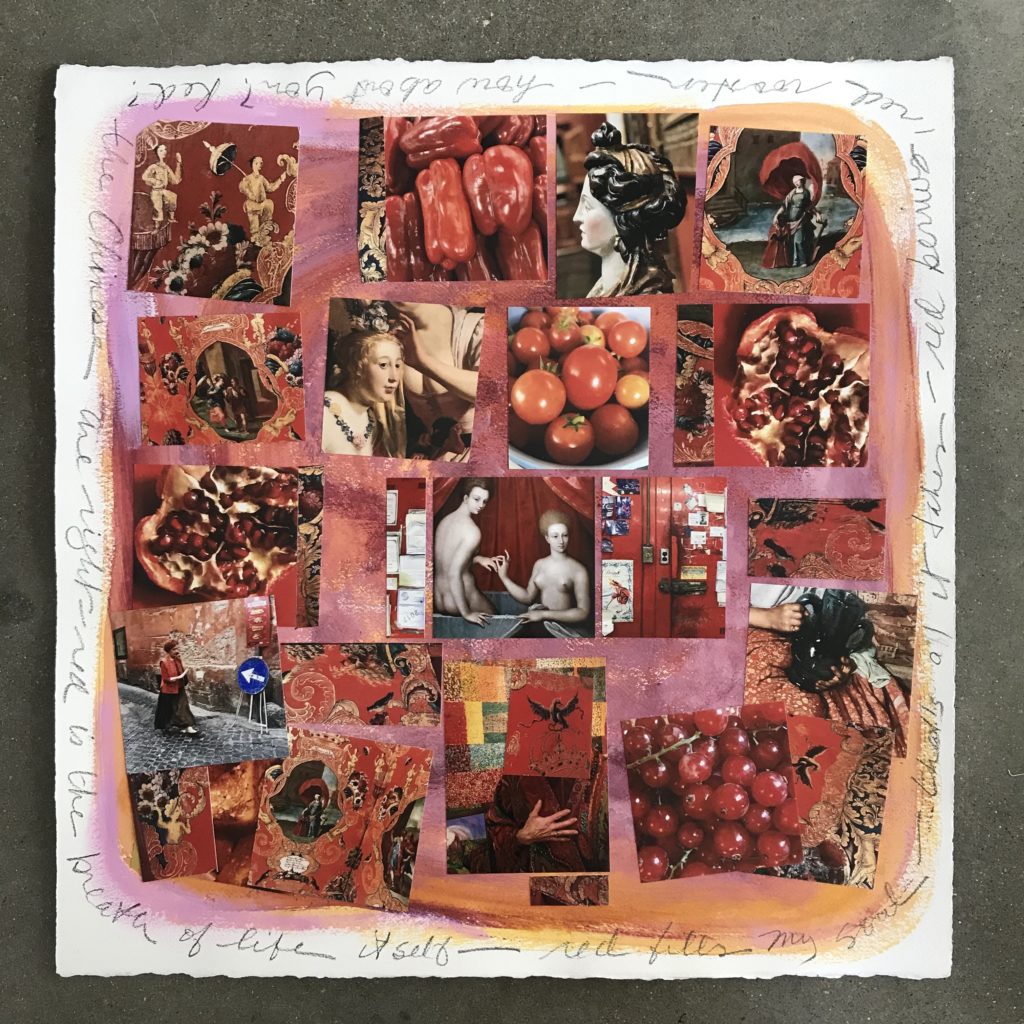 Mary Margaret Hansen's "Red is the Breath of Life Itself," a multimedia photo collage with handwritten narrative around the borders. (Photo by Mary Margaret Hansen)