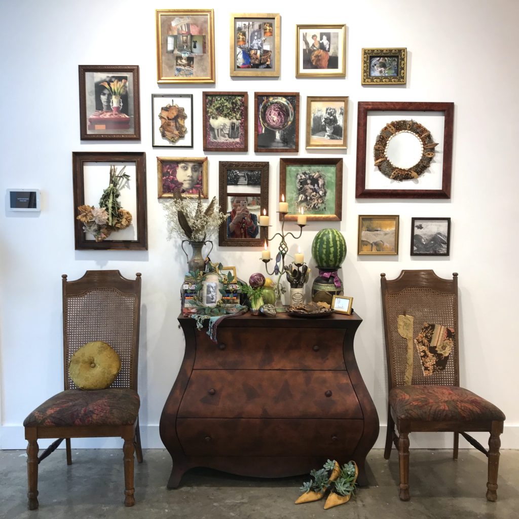 Houston installation artist and photographer Mary Margaret Hansen's "Salon" wall assemblage with vintage chest and chairs with 18 one-of-a-kind photo collages in the spirit of "Atablo'." (Photo by Mary Margaret Hansen)
