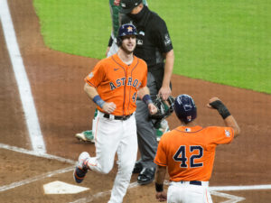 The Houston Astros and Oakland A’s played a double header in Minute Maid Park, celebrating Jackie Robinson Day the da, August 28, 2020y after walking off the field in protest of racial injustice