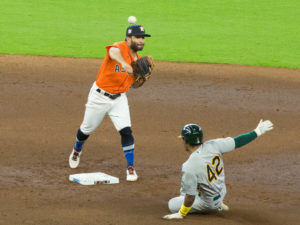 The Houston Astros and Oakland A’s played a double header in Minute Maid Park, celebrating Jackie Robinson Day the da, August 28, 2020y after walking off the field in protest of racial injustice