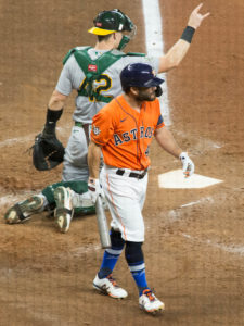 The Houston Astros and Oakland A’s played a double header in Minute Maid Park, celebrating Jackie Robinson Day the da, August 28, 2020y after walking off the field in protest of racial injustice