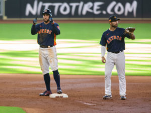 Houston Astros George Springer gives two thumbs up after leading off a simulated game with a double at Minute Maid Park