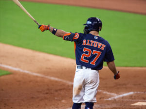 Jose Altuve flexes his bat during a simulated game Saturday at Minute Maid Park