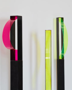 Tom Bandage’s cluster of “Frames,” 2019, formed from steel and fluorescent acrylic, at Foltz Fine Art. (Photo courtesy the artist and Foltz Fine Art)