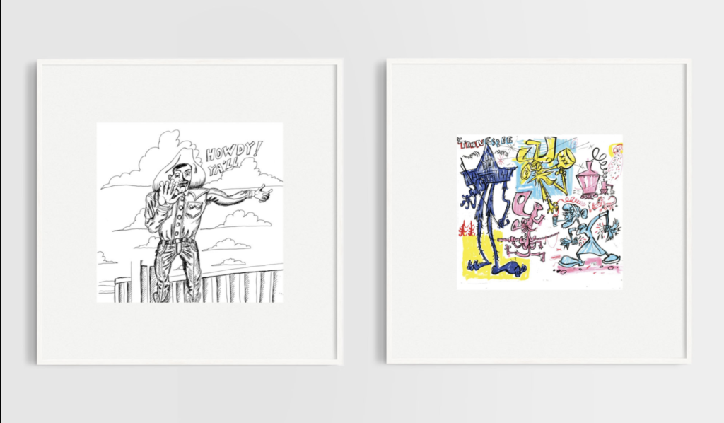 A diptych offered by Austin newcomer Dark Dirty Place on Culture Place: "Big Tex" by Andy Don Emmons and "Tennessee Hillbillies" by Wayne White, 2020. (Courtesy the artists and Dark Dirty Place) 