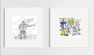 A diptych offered by Austin newcomer Dark Dirty Place on Culture Place: “Big Tex” by Andy Don Emmons and “Tennessee Hillbillies” by Wayne White, 2020. (Courtesy the artists and Dark Dirty Place)