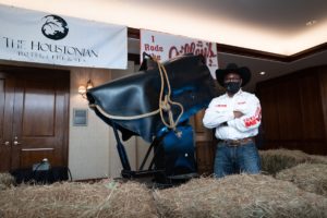 G. Tommie Mitchell with Gilley’s mechanical bull The Houstonian Urban Cowboy night (Photo by Daniel Ortiz)