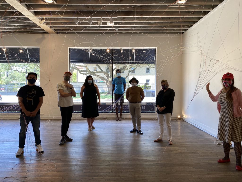 DUAL, Tom Bandage, Theresa Escobedo, Ronald L. Jones, Matt Manalo, Sarah Foltz, and Catherine D. Anspon in Ronald L. Jones’ installation at Foltz Fine Art’s “Texas Emerging: Volume I.” (Photo courtesy Foltz Fine Art)