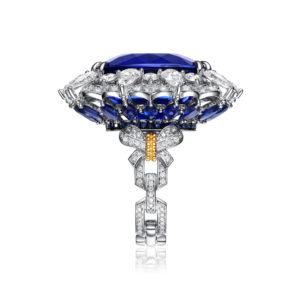 From the Fabergé x James Ganh capsule collection yellow, white and rose gold cushion cut tanzanite and mutli-colored gemstone transformable necklace, ring and brooch.