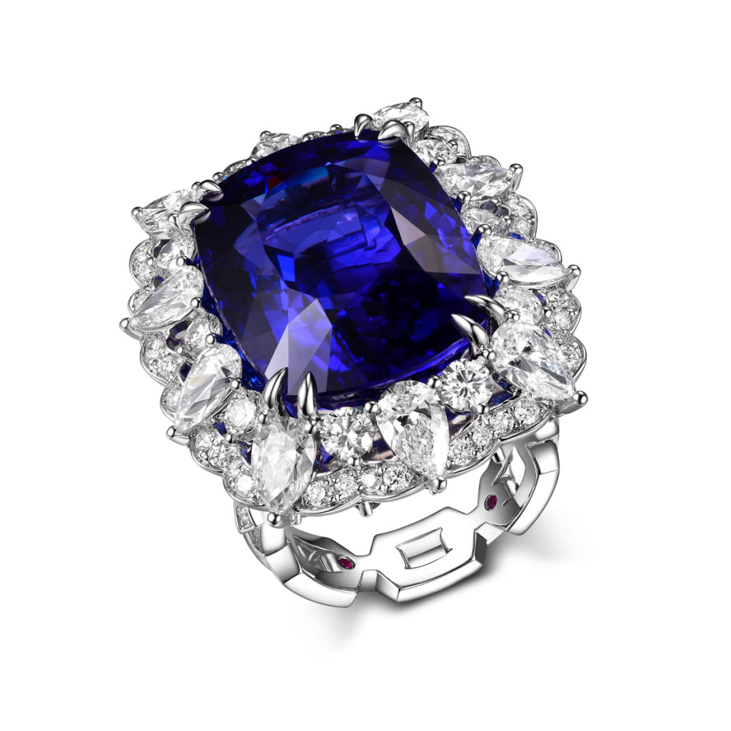 From the Fabergé x James Ganh capsule collection yellow, white and rose gold cushion cut tanzanite and mutli-colored gemstone transformable necklace, ring and brooch.