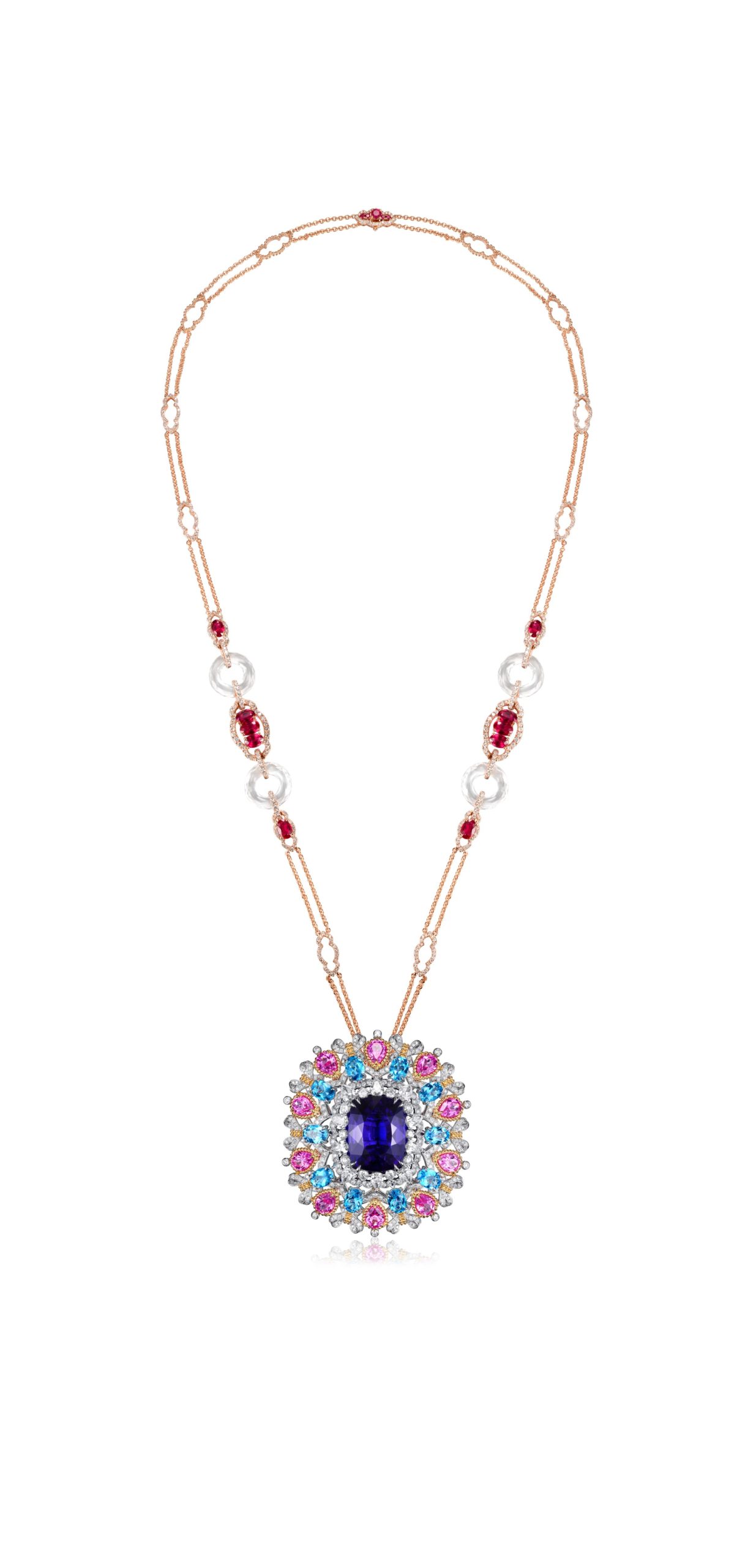 From the Fabergé x James Ganh capsule collection yellow, white and rose gold cushion cut tanzanite and mutli-colored gemstone transformable necklace, ring and brooch.