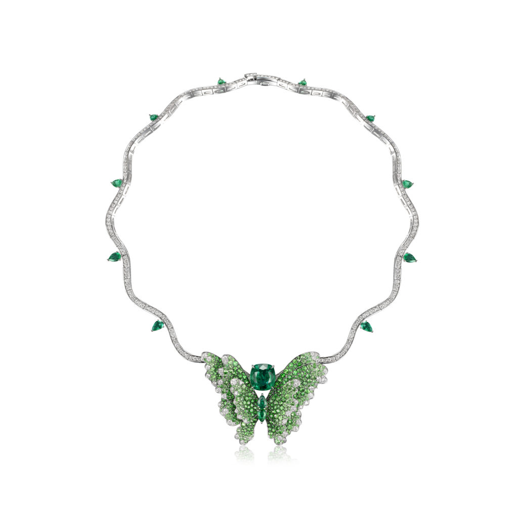 James Ganh x Fabergé white-gold, diamond, emerald and tanzanite necklace and pendant.