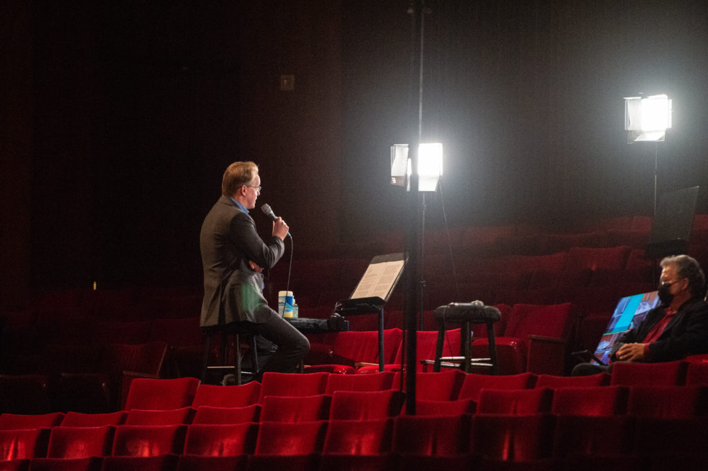 Houston Symphony CEO and executive director John Mangum  discourses on the musical pieces during the live streaming concert. (Photo by Wilson Parish)