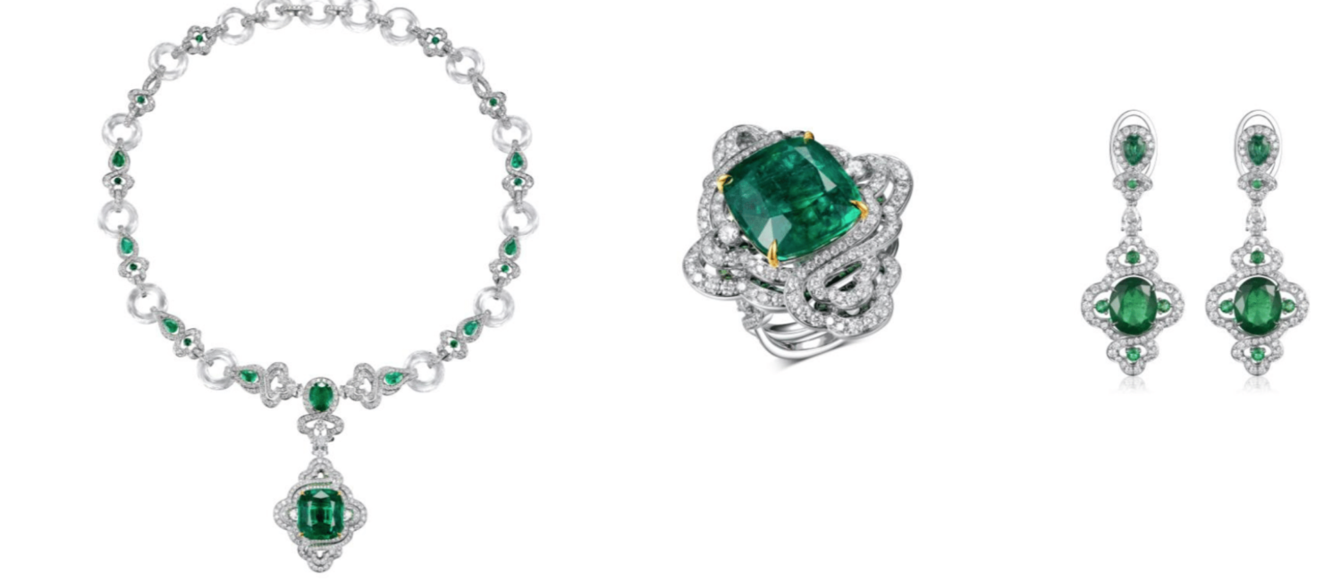Fabergé x James Ganh White Gold Cushion Cut Emerald and Diamond Earrings