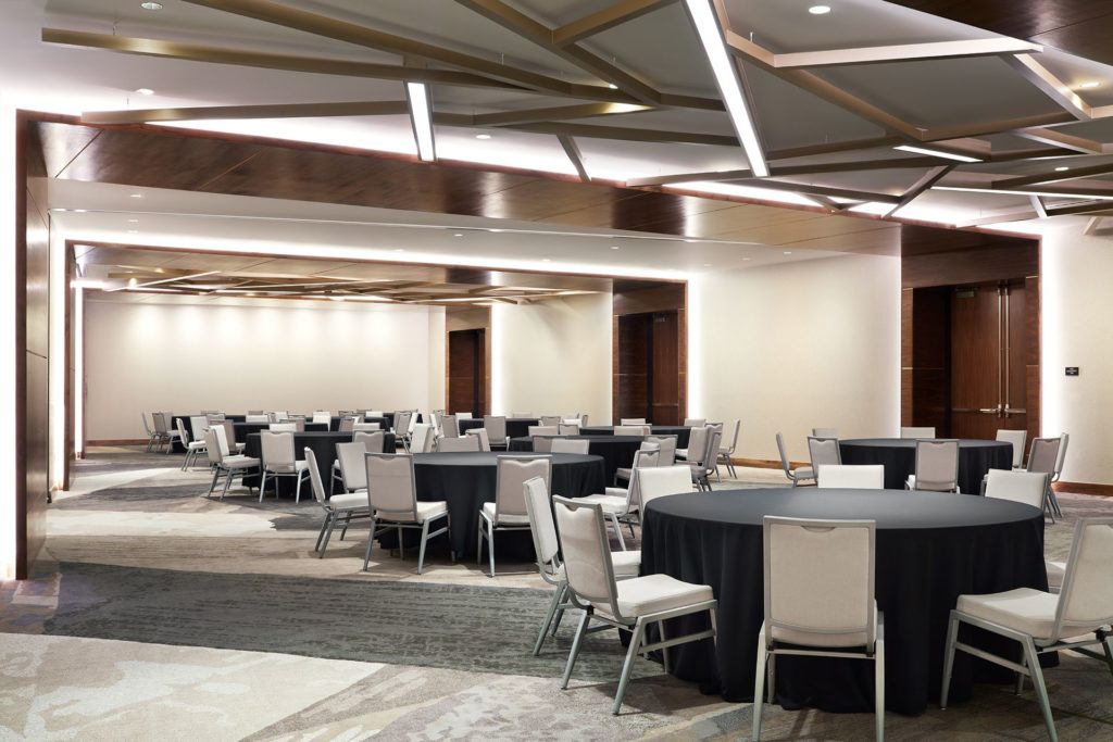 meeting spaces configured with social distancing in mind.