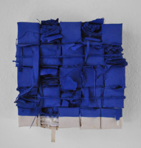 Matt Manalo’s “Asul 01,” 2019, at Foltz Fine Art; the sculptural painting is formed from visceral materials including raw canvas, raw cotton, tracing paper, and heavyweight watercolor paper. (Photo courtesy the artist and Foltz Fine Art)