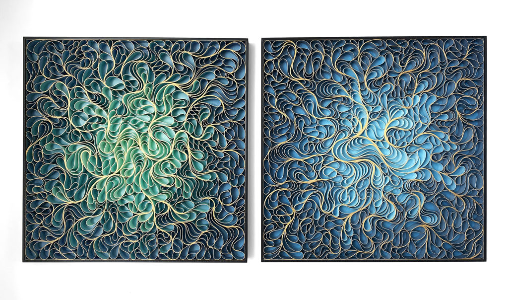 Stallman Studio's "Blue Hour" diptych, 2020, hand-sculpted canvas and acrylic paint, created for the grand opening of Laura Rathe Fine Art's new River Oaks District gallery this October. (Photo courtesy the artist and Laura Rathe Fine Art) 