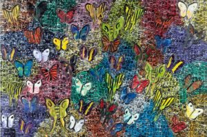 Hunt Slonem’s “Guardians and Butterflies Cloak,” 2019, at Laura Rathe Fine Art