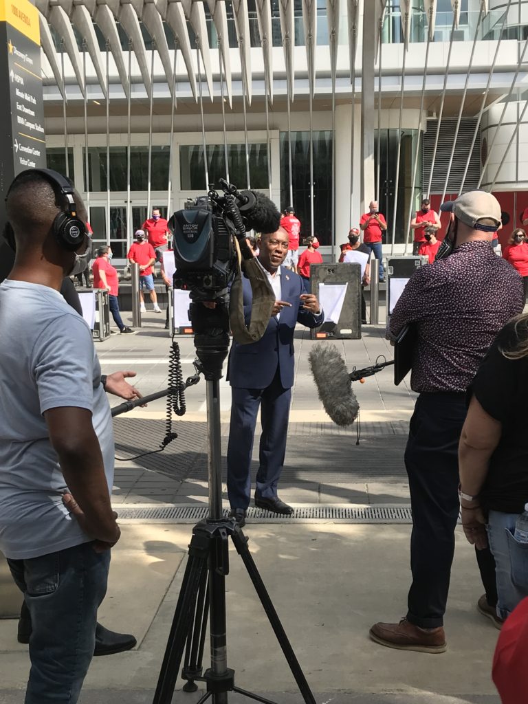 Mayor Sylvester Turner talks with media about the 'Red Alert' lighting of entertainment venues across the world.