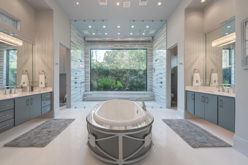 The master bath embodies Hollywood glamour.