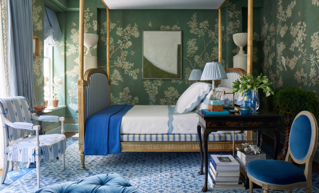 In Mark Sikes’ home, a bedroom with a trove of chinoiserie objects and hand-painted Gracie wallcovering. (Photo Amy Neunsinger) 