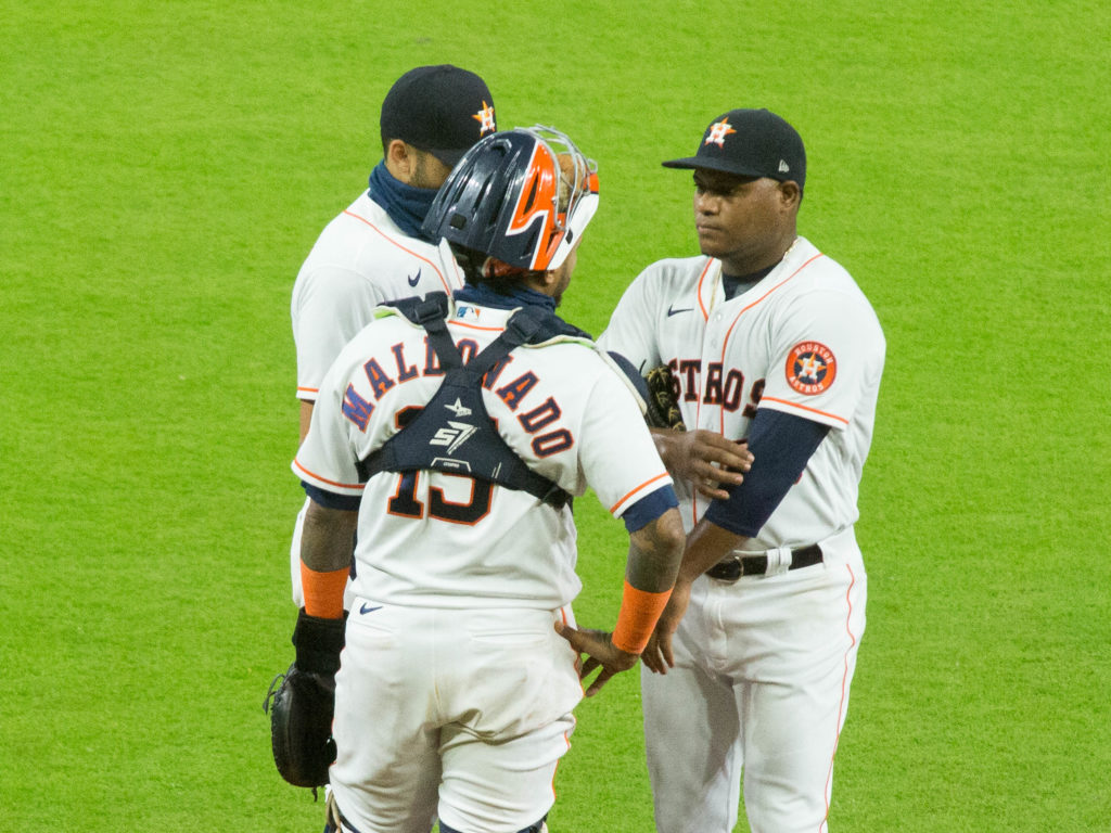 Framber Valdez takes a moment with his catcher and Carlos Correa. (Photo by F. Carter Smith)