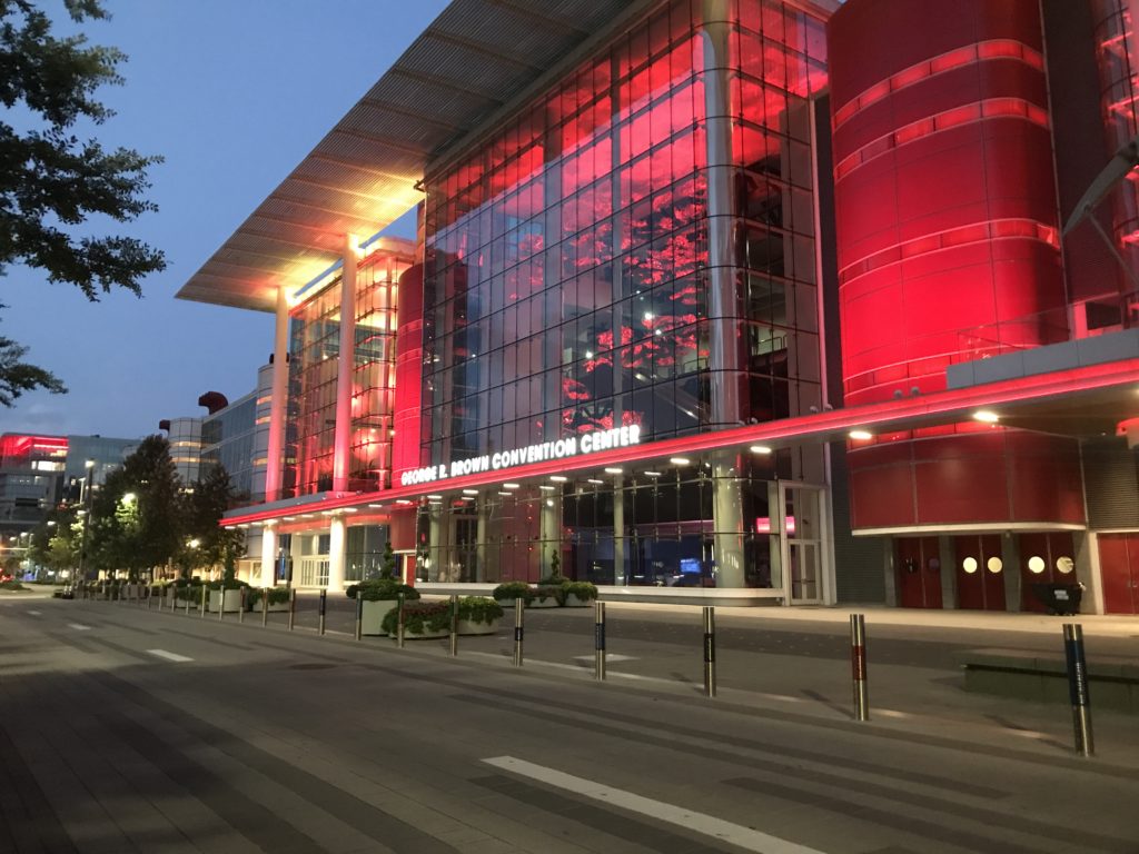 The George R. Brown Convention Center lighted in red. (Houston First photo)