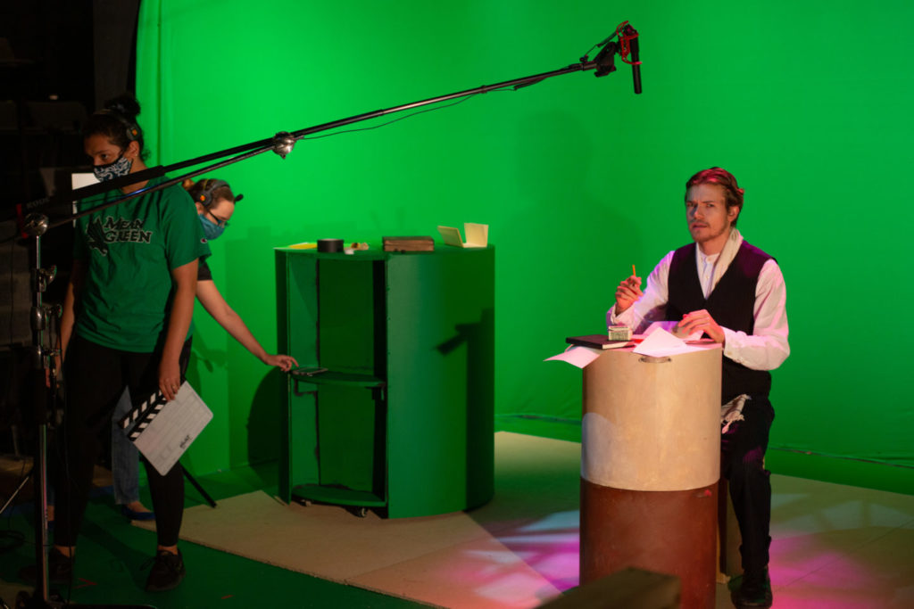 Theatre Three put together a full, virtual production of The Immigrant by filming actors in front of green screens. (Photo by Jeffrey Schmidt and Christie Vela)