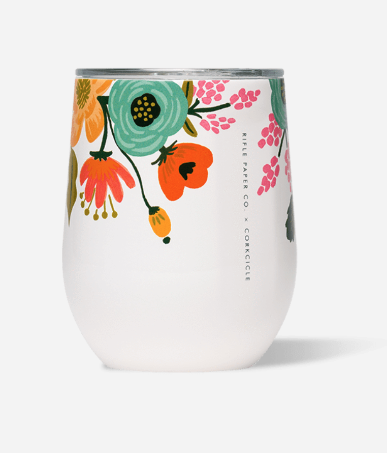 Rifle Paper Company floral stemless wine glass, $30, available at Favor the Kind.