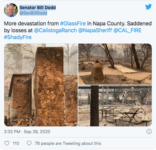 California State Senator Bill Dodd laments the loss of Calistoga Ranch, which was heavily damaged by the Glass Fire.