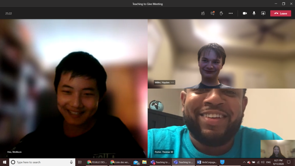 Teaching to Give founders Teaching To Give president Weillison Hsu, Hayden Miller and Lina Wu have a virtual meeting with Thomas Porter, HISD magnet coordinator for Gregory Lincoln, about Project Pencil.