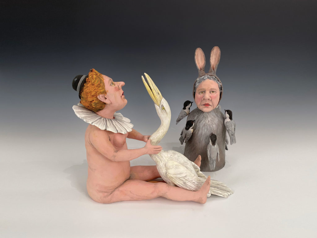 Pat Johnson’s "The Clown hates birds. Birds Love Rabbit.," 2020, through Red & White Gallery, Fayetteville