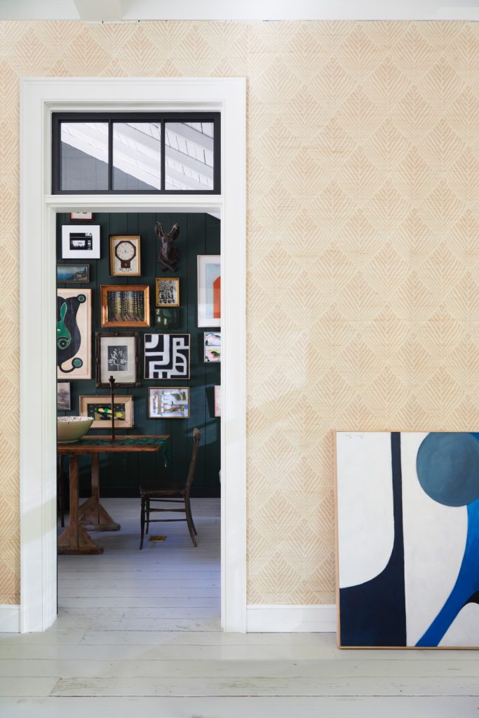 Bahia grasscloth wallpaper and Serena Dugan’s artwork. 