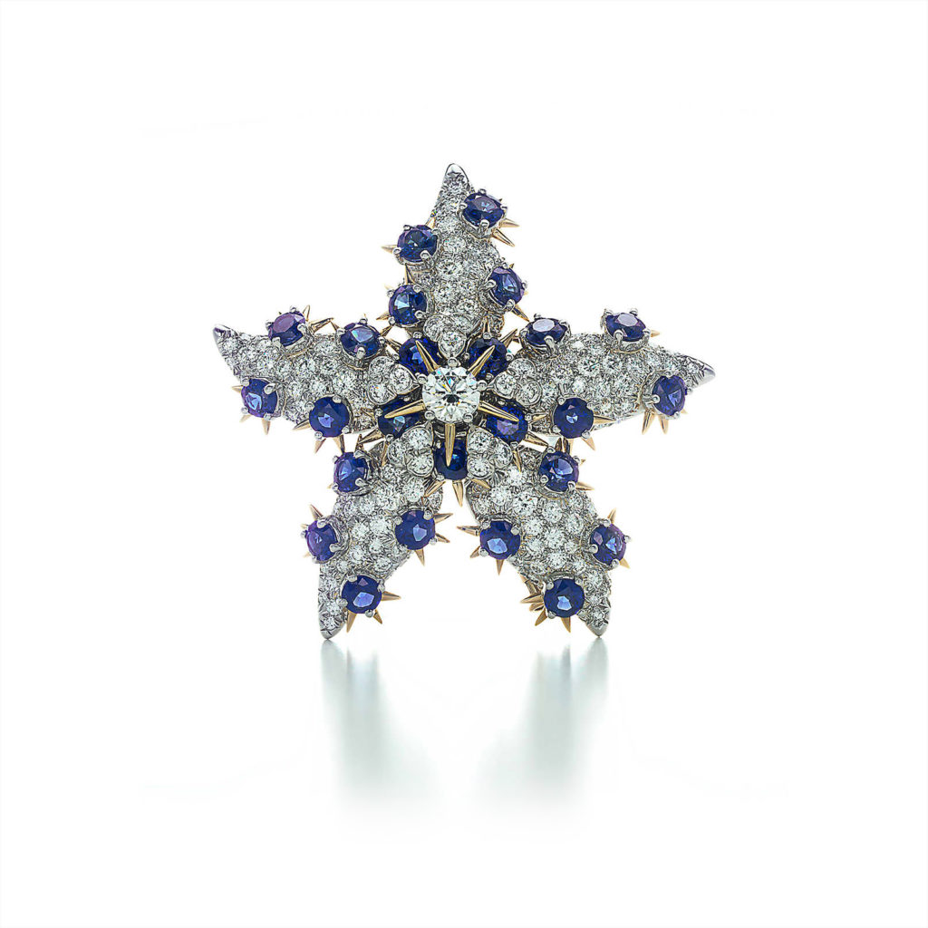 Tiffany & Co. Schlumberger® Spiky Starfish clip in platinum and 18k yellow gold with sapphires and round brilliant diamonds. All prices upon request.
