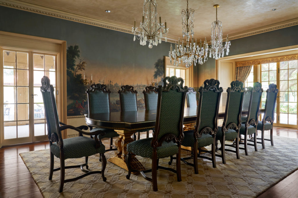 The dining room at 2 Longfellow Lane boasts the complete set of Zuber's panoramic wallpaper which depicts all five scenes of the Views of North America  rarely seen outside of museums and the White House. (Photo by Nathan Schroder/Douglas Elliman)