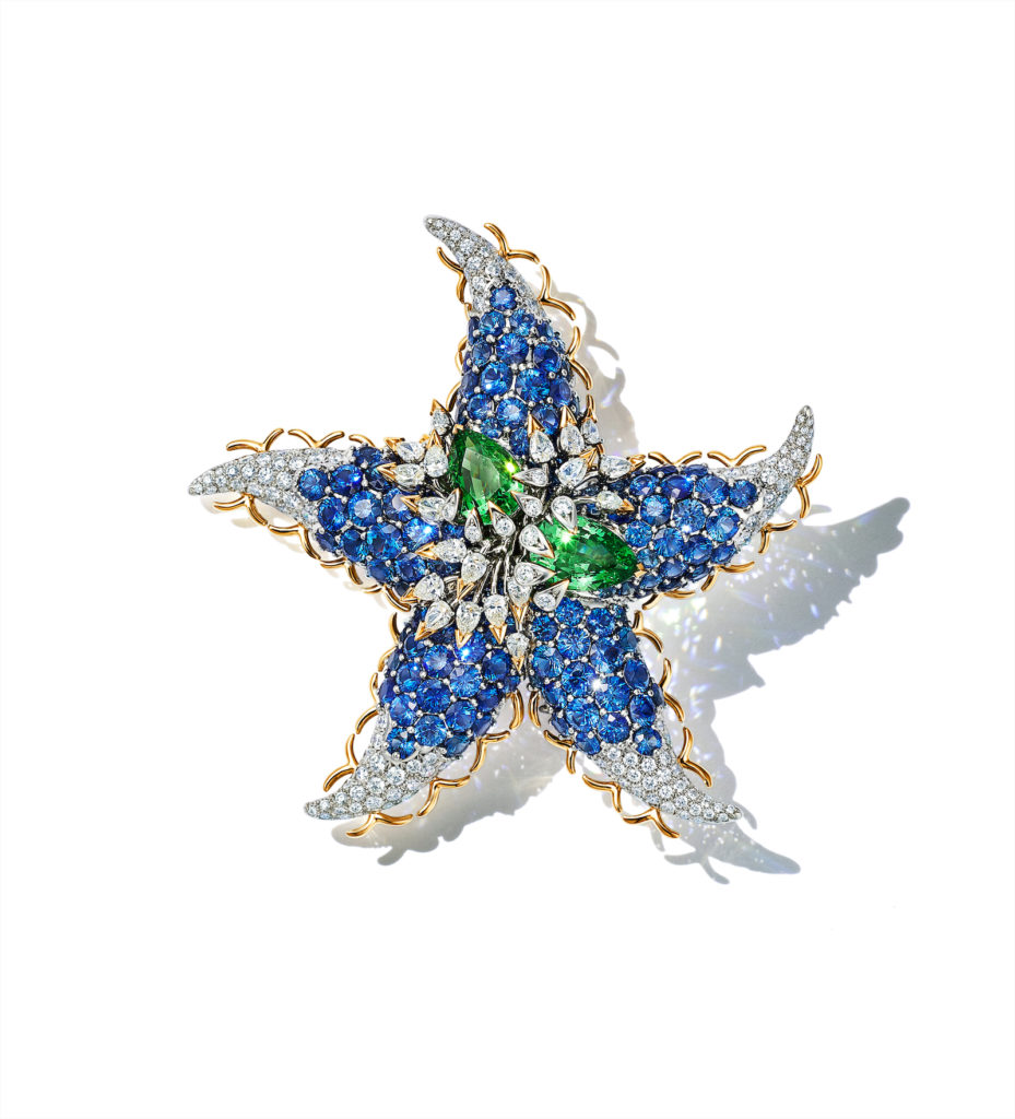 Tiffany & Co. Schlumberger® Etoile de Mer clip in platinum and 18k yellow gold with two pear-shaped tsavorites, over 9 total carats, round sapphires, over 39 total carats, and pear-shaped and round brilliant diamonds, over 8 total carats.  Price upon request
