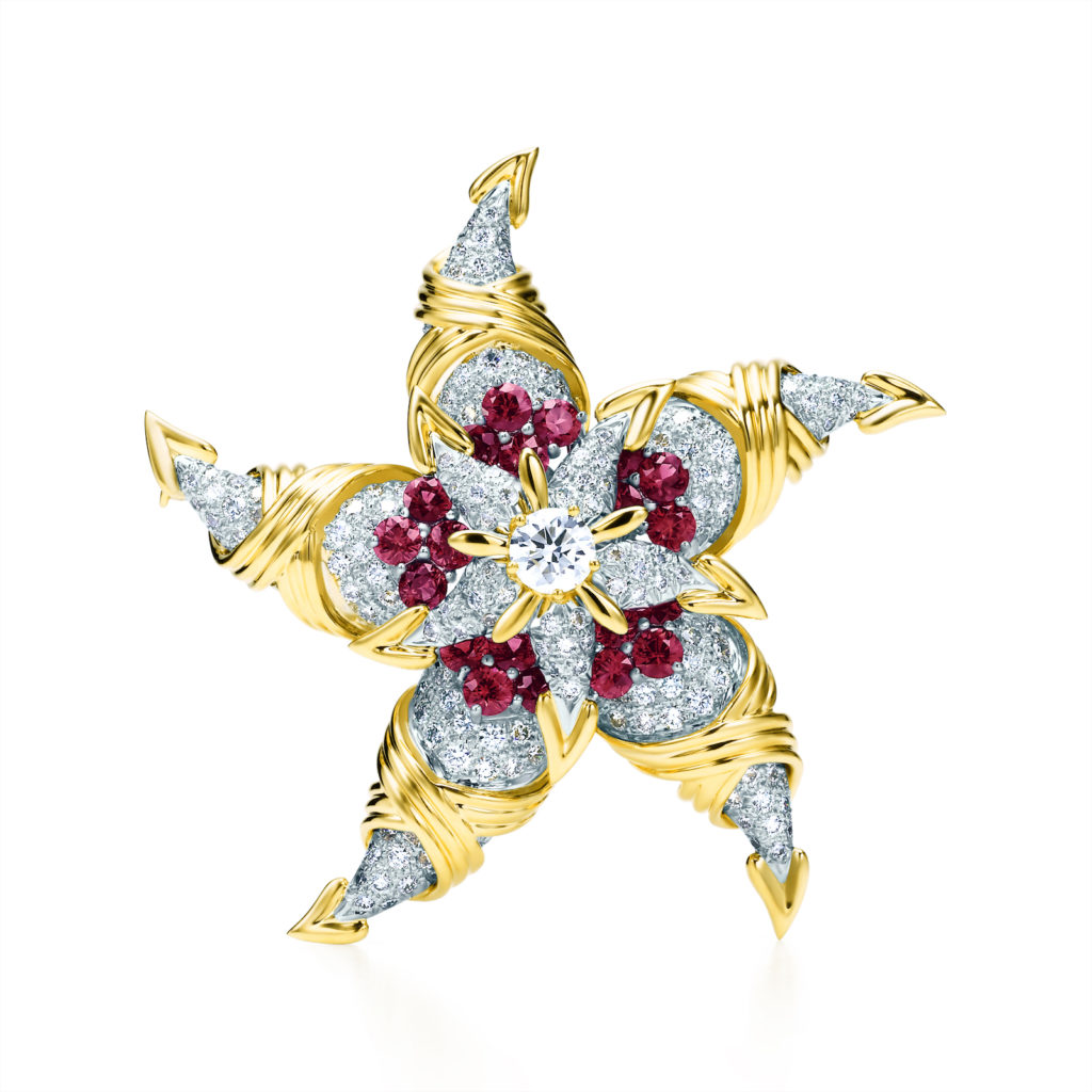 Tiffany & Co. Schlumberger® Starfish Flower clip in platinum and 18k yellow gold with rubies and round brilliant diamonds.  Price upon request
