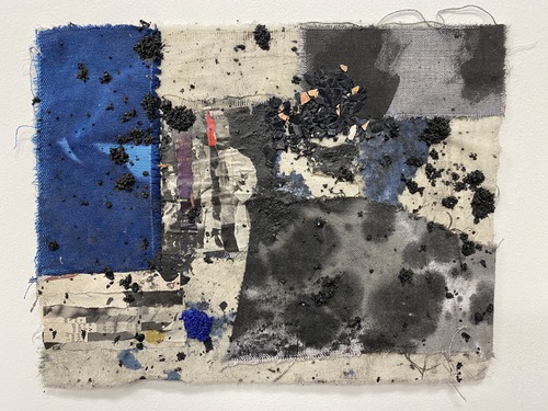 Jamal Cyrus's "Untitled," 2018, canvas, ink, dye, paper, grits, vinyl, acrylic