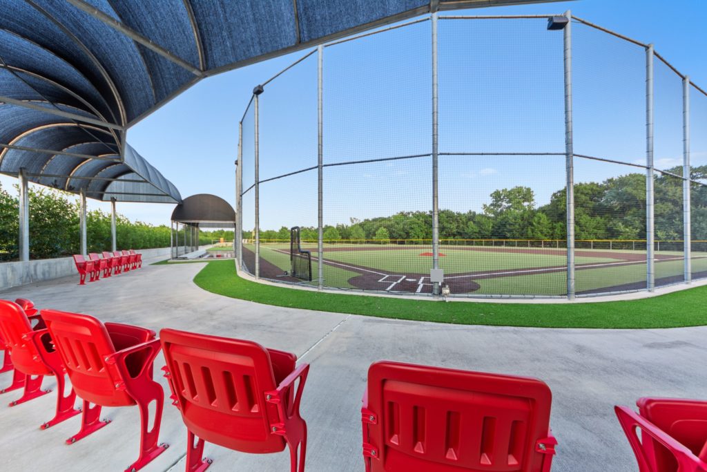 Stadium seating lends authenticity to the baseball field.