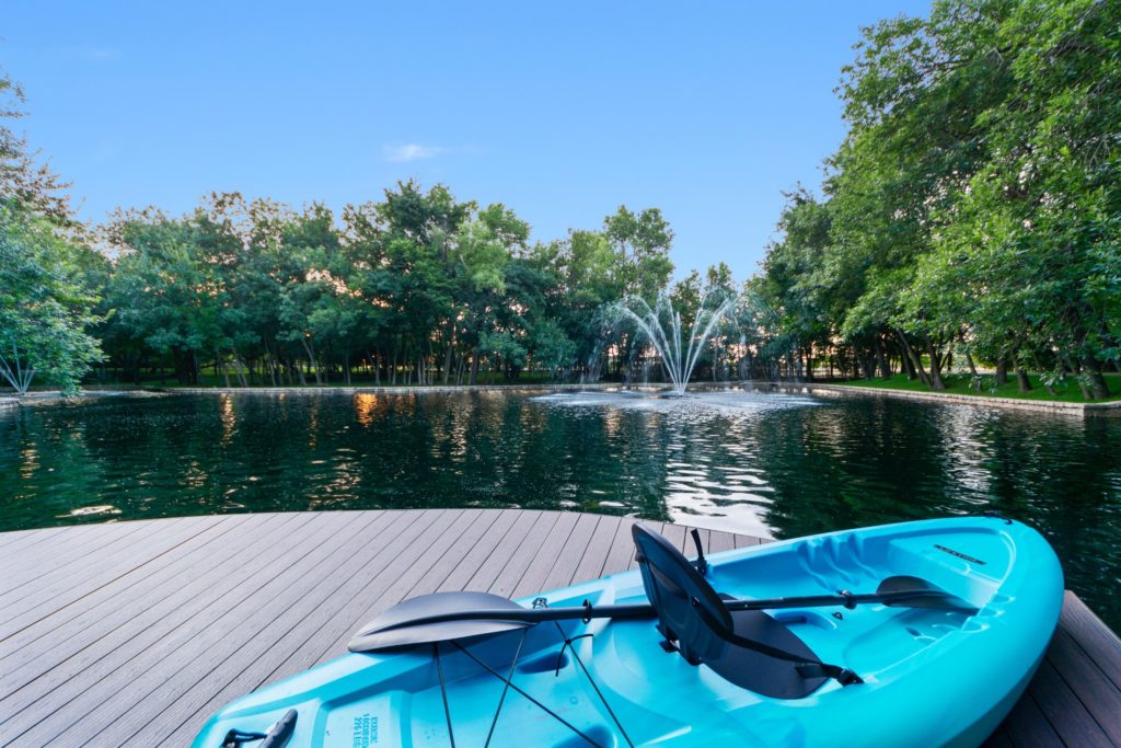 The 34-acre lake is large enough for water sports and is stocked with catfish, bass and blue gill for fishing enthusiasts.