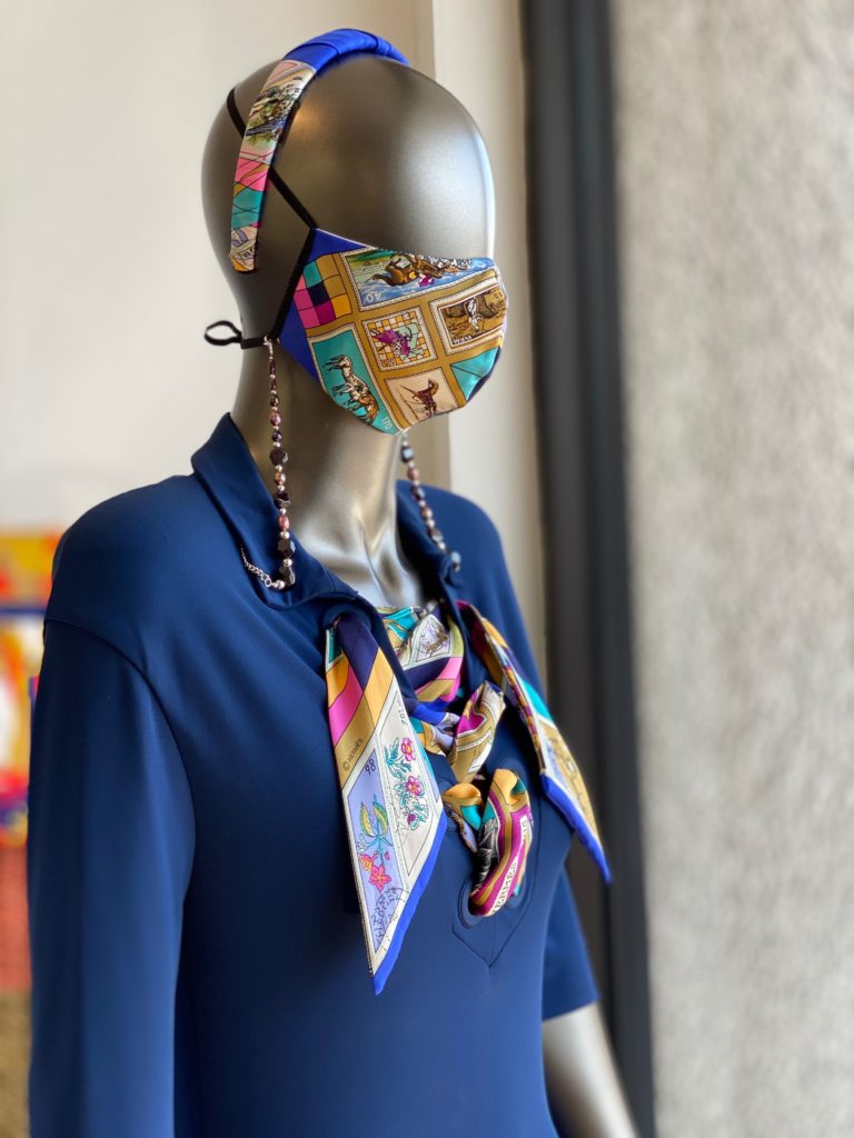 RoKi Design up-purposing silk scarves includes a variety of fashionable creations including masks.